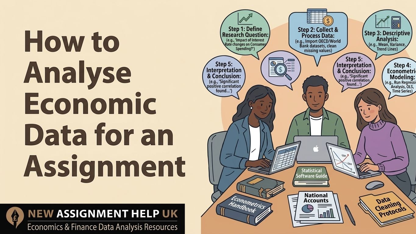 Flowchart showing 9 steps to analyze economic data for a university assignment